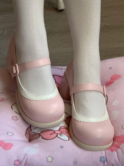 Pink Low/Mid Edge Mary Ear Light Bear Detachable Sweet - Scalloped Heel Bow Janes with Lolita