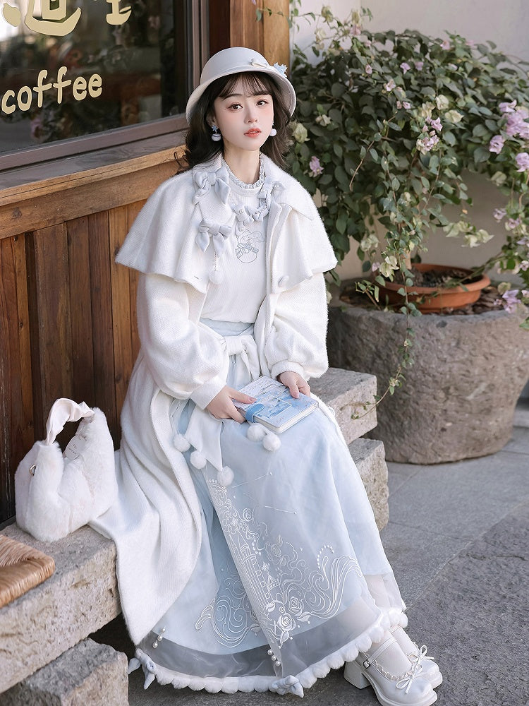Embroidered Lolita Skirt Winter Set Snowman Blue White Coat Top Elegant + Knitted Castle