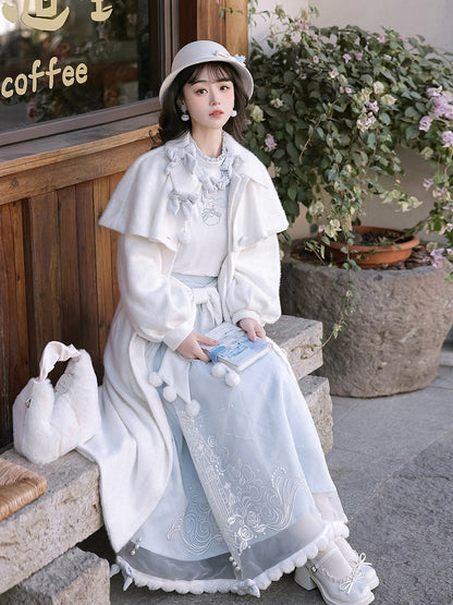 Embroidered Lolita Skirt Winter Set Snowman Blue White Coat Top Elegant + Knitted Castle