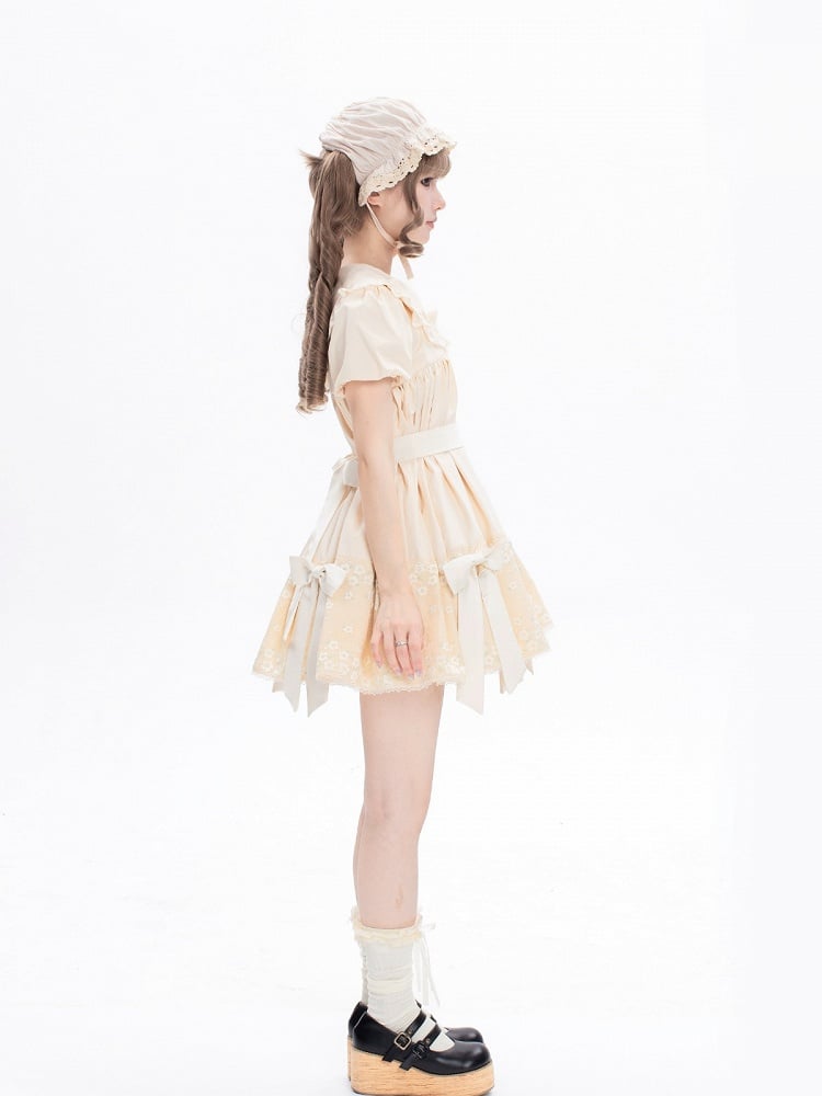Sweet Beige Crew Neck Short Sleeve Lolita Dress Bow Accents - New Tea