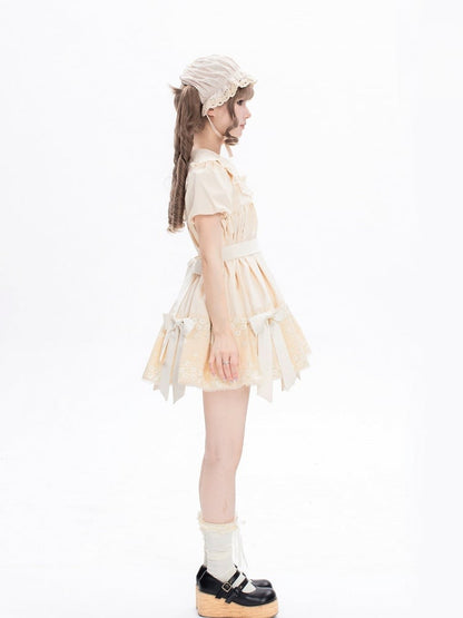 Sweet Beige Crew Neck Short Sleeve Lolita Dress Bow Accents - New Tea