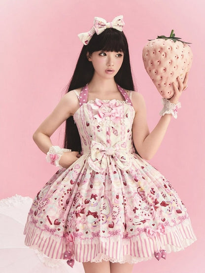 Cream Sweet Lolita Halter Neck JSK Dress with Cosmetics and Cat Print - Pastry Chef