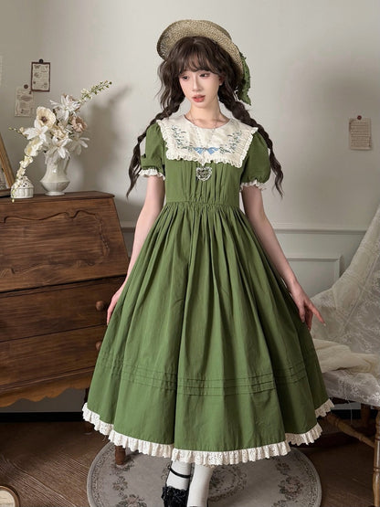 Green Cotton Floral OP Dress with Detachable Lace Apron
