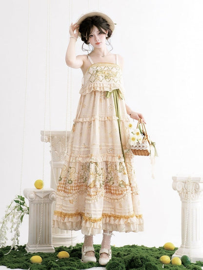 Lemon and Jasmine Theme Beige Embroidery Long Slip Dress with Hanfu Element Design - Luo Xiu Dong Xiang