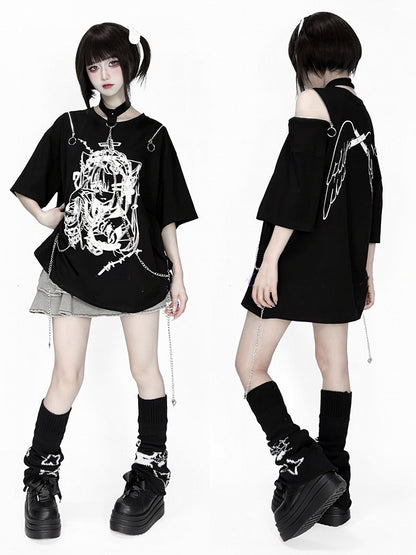Chain Anime with Convertible Blue T-Shirt Shoulder Detachable Zip Black Choker Print White /