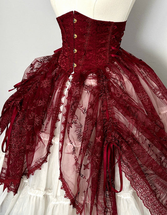 Roter Gothic Lolita Korsettgürtel mit Tunnelzug-Design, Kathedralen-Stickerei-Overlay