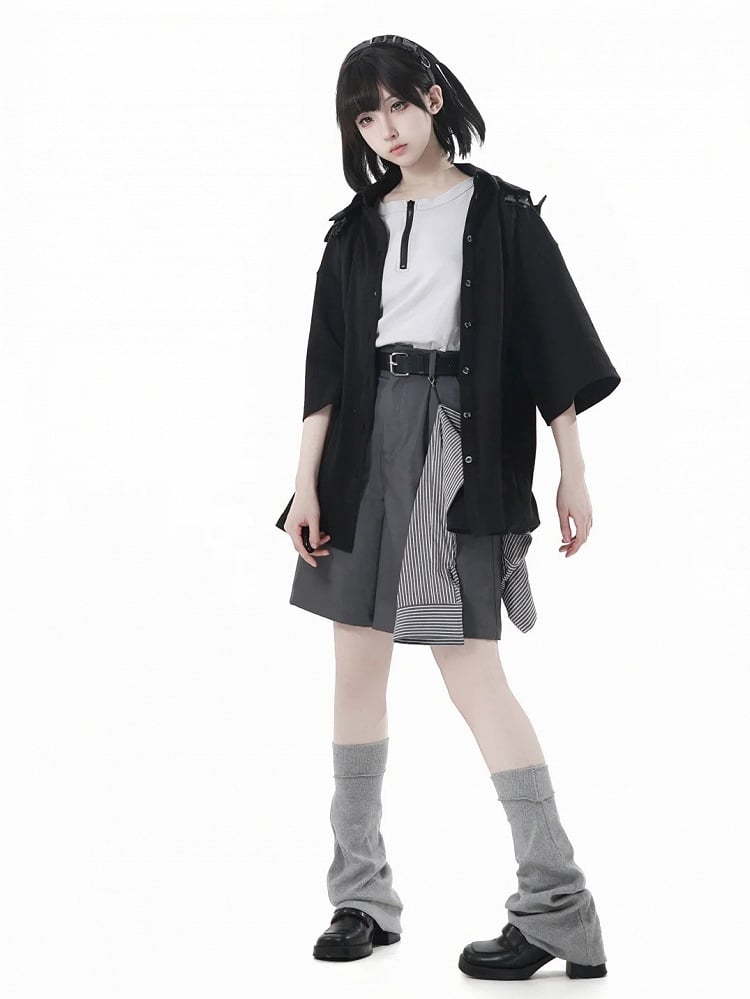 and Accessory Buckle Belt Shorts with Striped Gray Casual