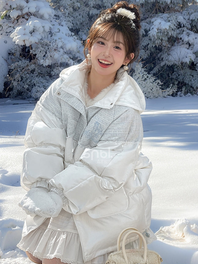 Alice in Wonderland Alice Tweed Patchwork White Hooded Down Jacket