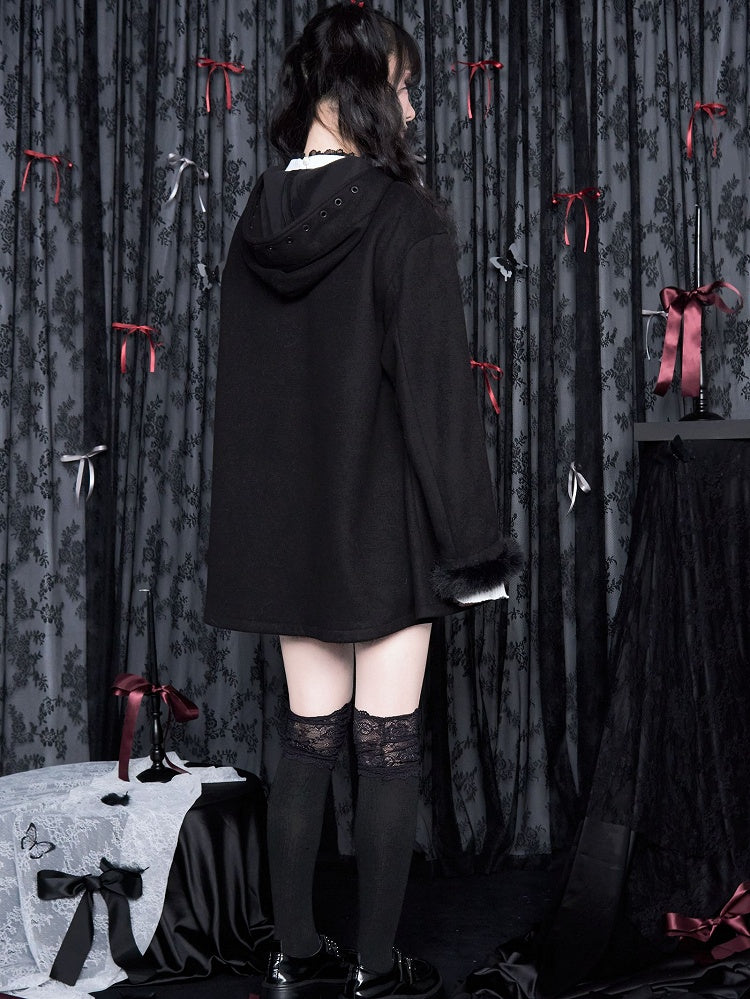 ハートアップリケポケットバックルジライケイプラッシュスタッズブラックストラップフード付きジャケットカフス