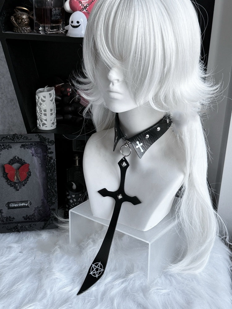 クロスチャーム スタッズネクタイ パンク ブラック/レッド ペンタクル