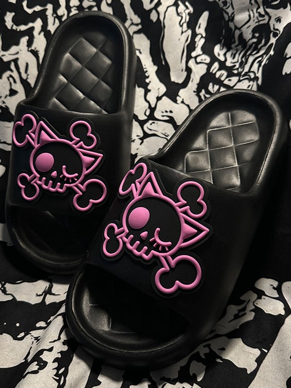 and Summer Black Skeleton Slippers Pink Gothic Applique