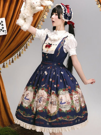Wonderland Alice Floral Print Dark Blue Lolita JSK Lace - Stars Fall on the Foggy Island