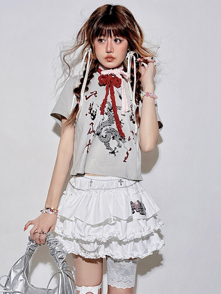 Accents Chain Detachable Trim Ruffle White Skirt Y2K - Tiered