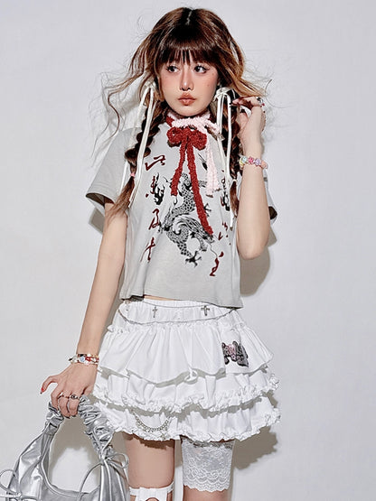 Accents Chain Detachable Trim Ruffle White Skirt Y2K - Tiered