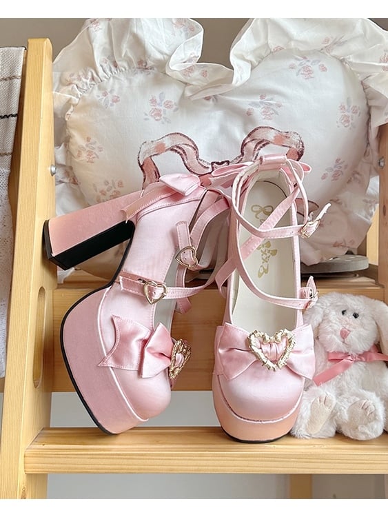 Decorative Pink Heart High Shoes Bow Sweet - Block Heel