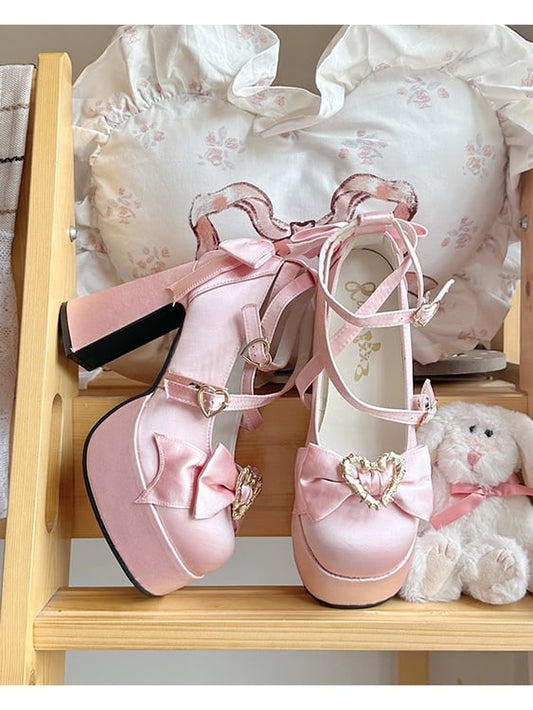 Decorative Pink Heart High Shoes Bow Sweet - Block Heel