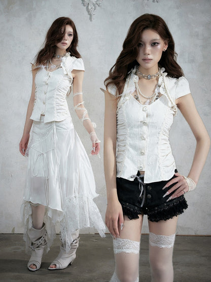 Punk Faux Two-Piece Short Sleeve Blouse in White with Lace and Ruffle Accents - NO ROMANCE