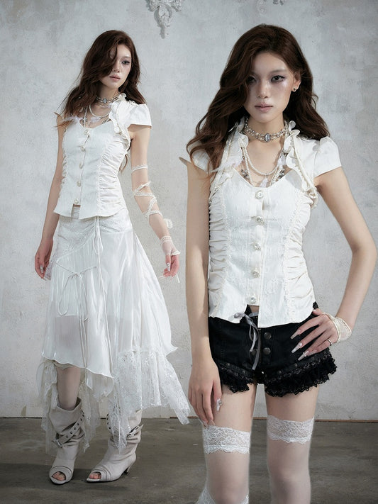 Punk Faux Two-Piece Short Sleeve Blouse in White with Lace and Ruffle Accents - NO ROMANCE
