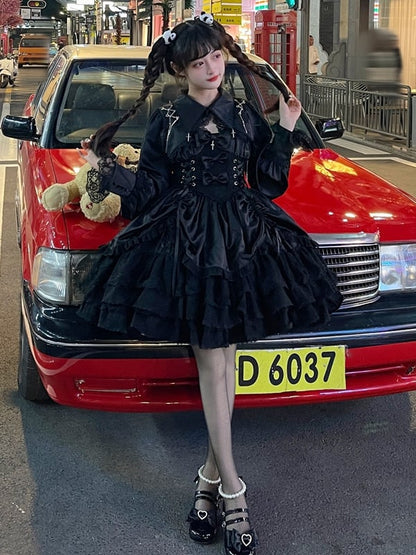 Cropped Cross and Gothic Lace Top Chains Trimmed Lolita with Black Charms