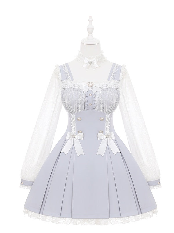 Kei Square Dress Dusty Lace Long-Sleeve Jirai Bow Neck Blue