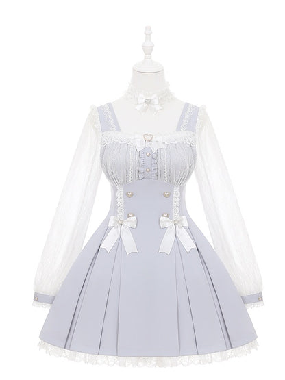 Kei Square Dress Dusty Lace Long-Sleeve Jirai Bow Neck Blue
