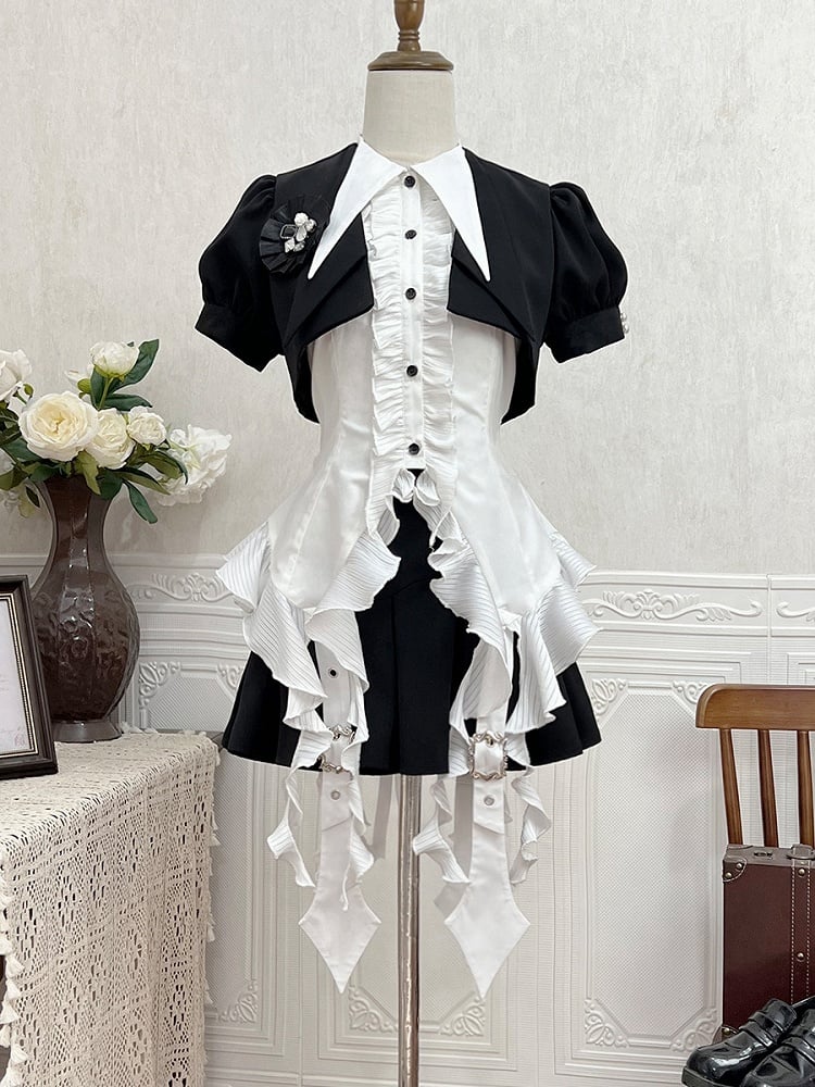 Kurzes und Gothic-Shirt, ärmellos, weiß, Lolita-Set, schwarz, voll – Top, Rock +