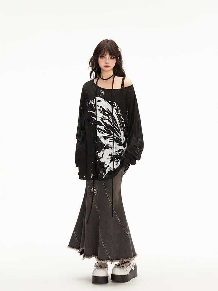 Denim Loops Hem with Distressed Skirt Gray Edgy Frayed Mermaid Belt