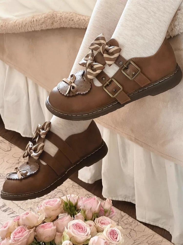 蝶結びのストライプ柄デザイン詳細ブラウンロリータフラットシューズベア