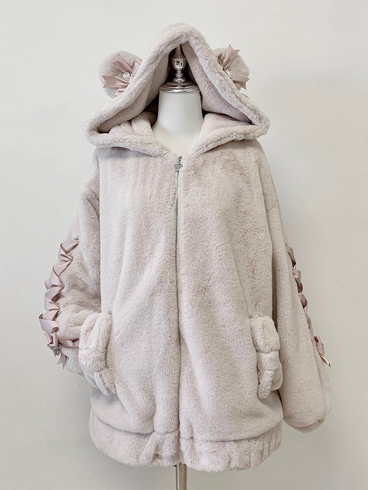 Light Plush with Pink Kei Jirai Bow Hooded Bear Jacket Ear Warm Decor