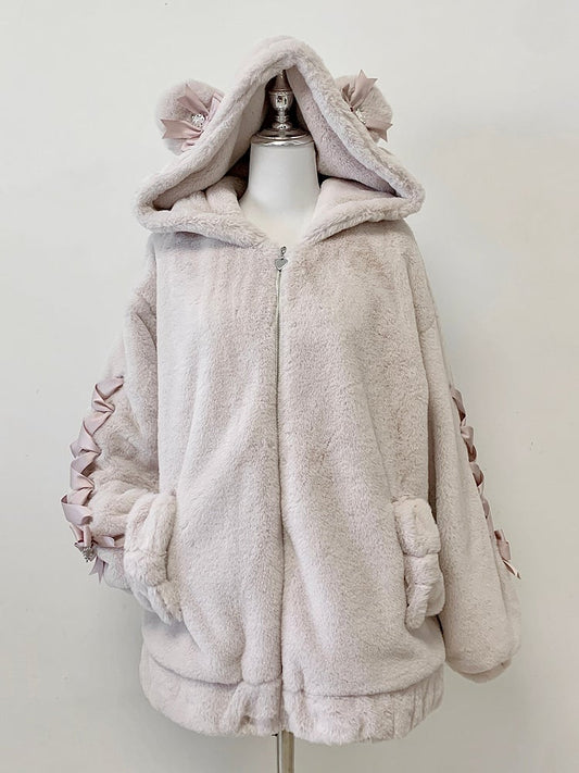 Light Plush with Pink Kei Jirai Bow Hooded Bear Jacket Ear Warm Decor