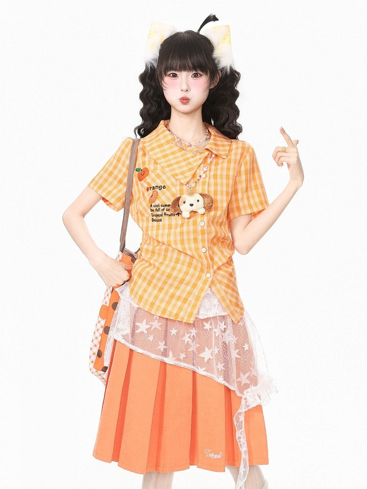 Orange Asymmetrical Plaid Shirt with Embroidery - Languid Park