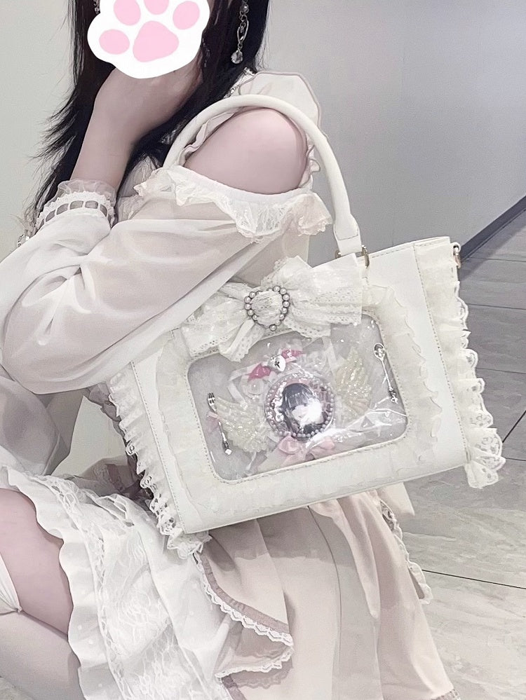 Kei Free Lace Bag Decorated Card Trim Ita with Holder Beaded Bowknot Heart Jirai White PVC