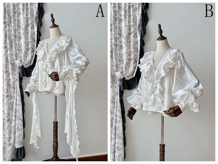Sleeves Shirt Lolita Gothic Structured Ruffles Long V-neck Red