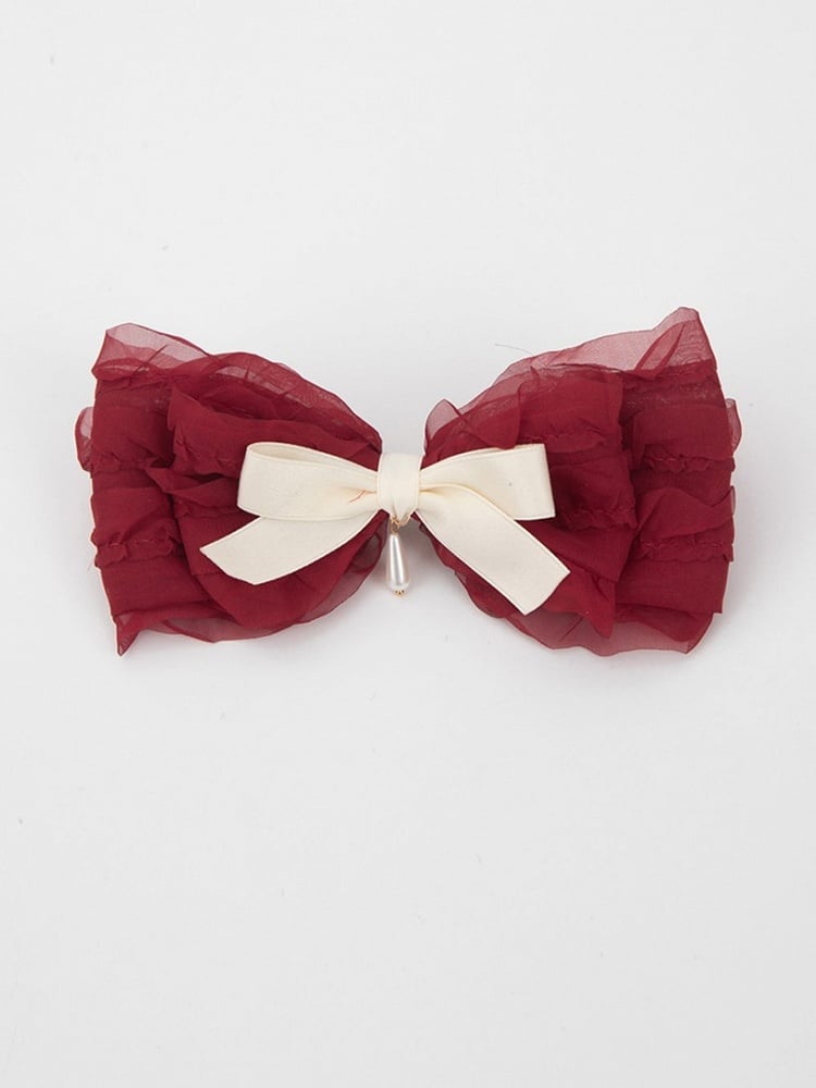 shaped Sweet Bead Beige Hairclip Bow Ruffled Charm Lolita Red with Droplet