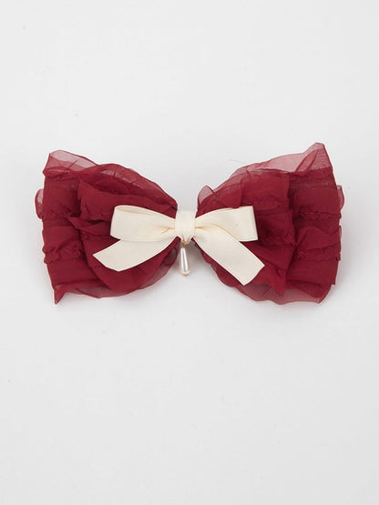 shaped Sweet Bead Beige Hairclip Bow Ruffled Charm Lolita Red with Droplet