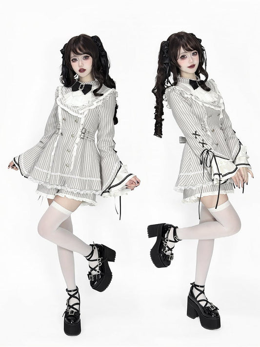 Striped Kei Dress Light + Sleeves Bell Gray Jirai Matching Set Shorts