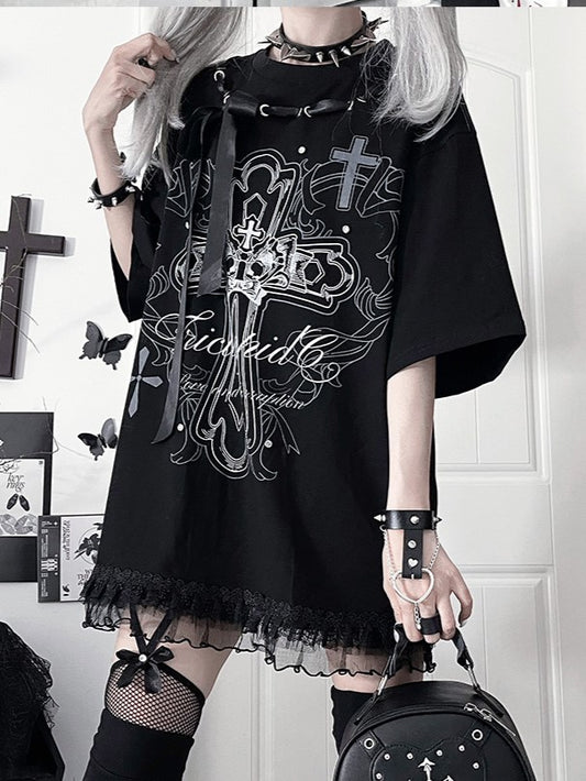 Ribbon Cross Print T-Shirtwith Bow Black NecklineWhite Cotton Gothic