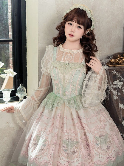 Bell Sleeves Beige Sheer Lace-Trimmed Blouse Lolita with