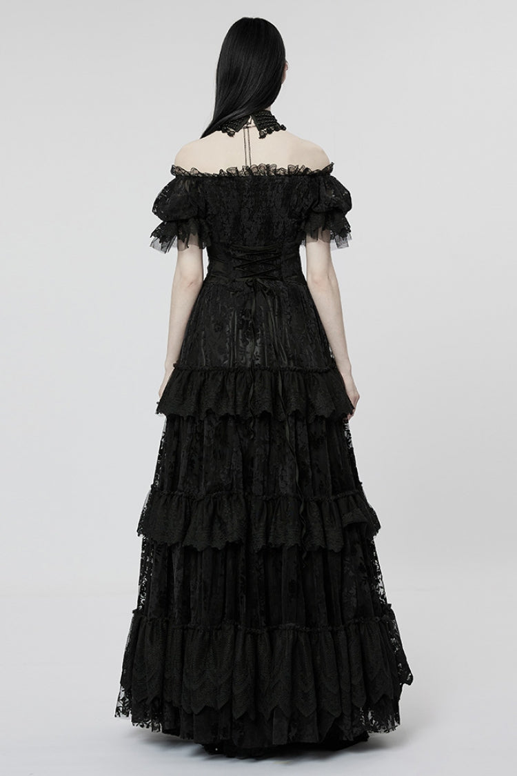 Short Puff Sleeves Print Ruffle Lace Women's Gothic Dress