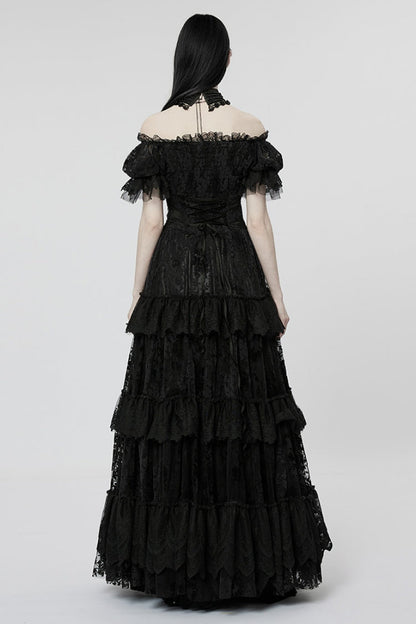 Short Puff Sleeves Print Ruffle Lace Women's Gothic Dress