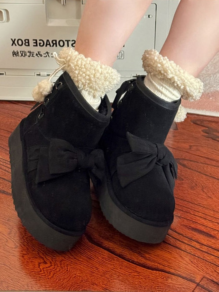 2.5cm Platform Sole Black Winter Boots for Lolita - Decorative Front Bow & Adjustable Back Lacing