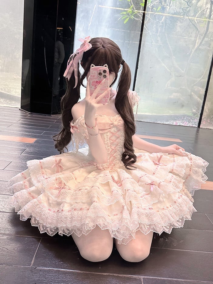 Details Multi-Layered Bow Princess Dress Lace Lolita Apricot Jacquard with