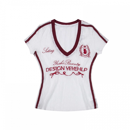 ブラック/ホワイト Vネック レター刺繍 セミシアーTシャツ