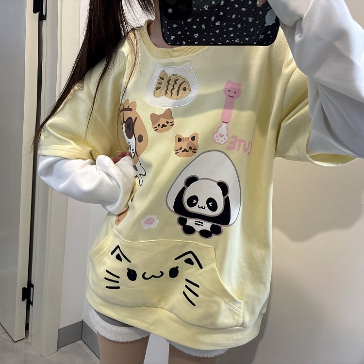 White Design Core | Otome Colorblock Yellow Taiyaki Cat Embroidery Sweatshirt