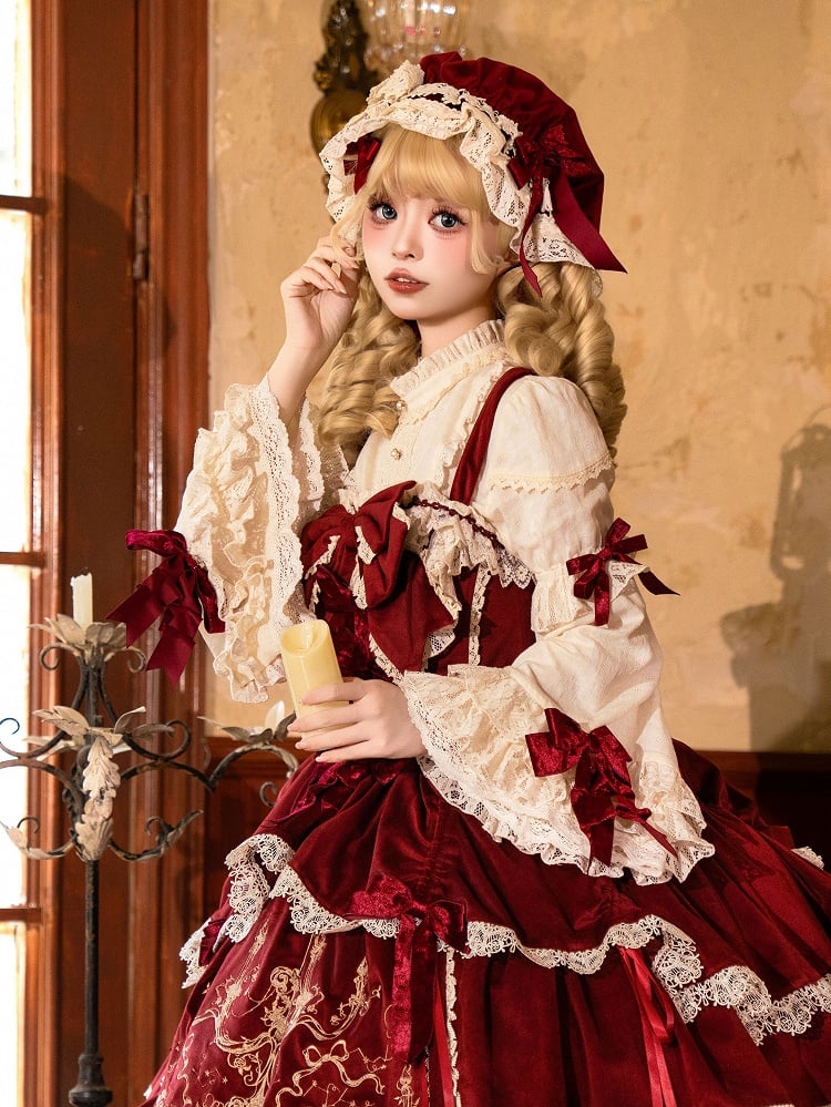 Black Bows Pink Red / Gold Beige Sleeves Decorated Long