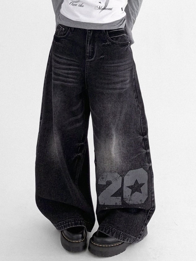 Wide-leg Faded Y2K Print Number Black - Wash with Jeans
