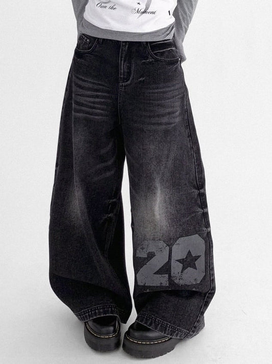 Wide-leg Faded Y2K Print Number Black - Wash with Jeans