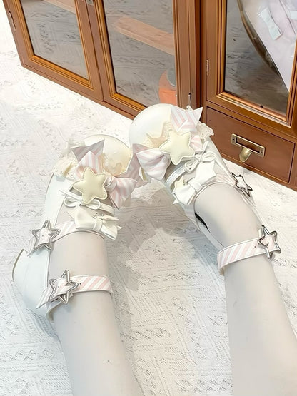 Straps Bowknot Pattern Striped Buckle Lolita White Shoes Star Details