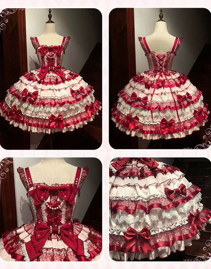 Pink and Red Sweet Bowknots Tiered Ruffles Skirt Old School Lolita Dress