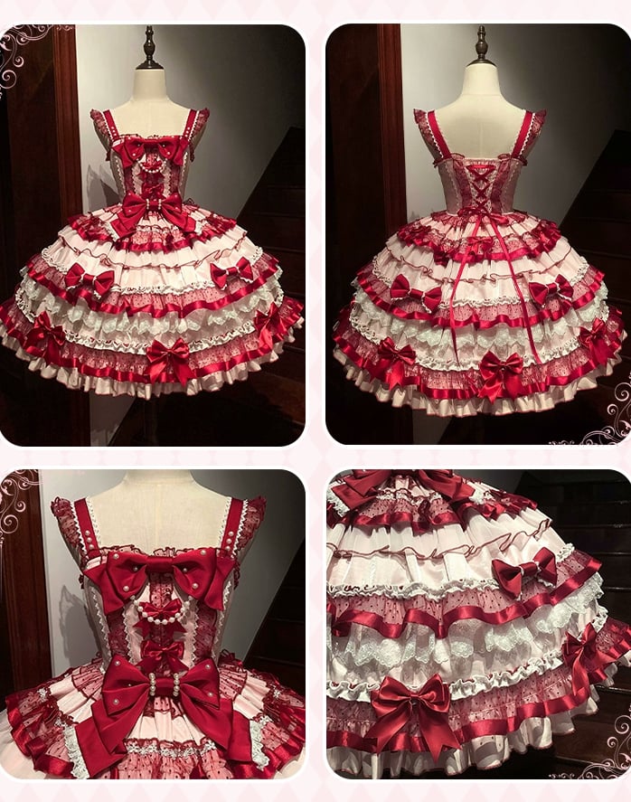 Skirt Tiered Red Old Sweet Pink Ruffles School Bows Decorated and